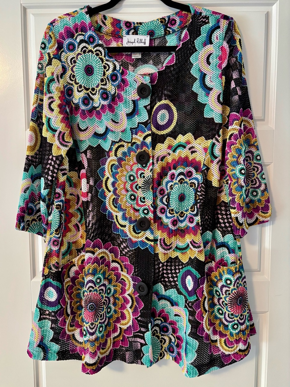 Joseph Ribkoff Black Multicolor Floral Mosaic Button-Front Top